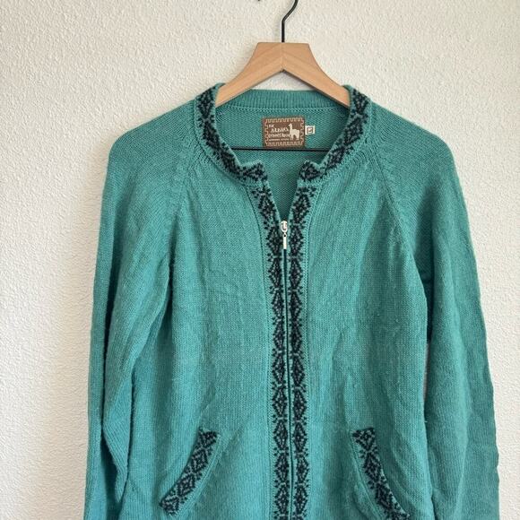 The Alpaca Connection Women's Medium Made in Peru Zip Jacket Green Aztec Cozy - Picture 2 of 7